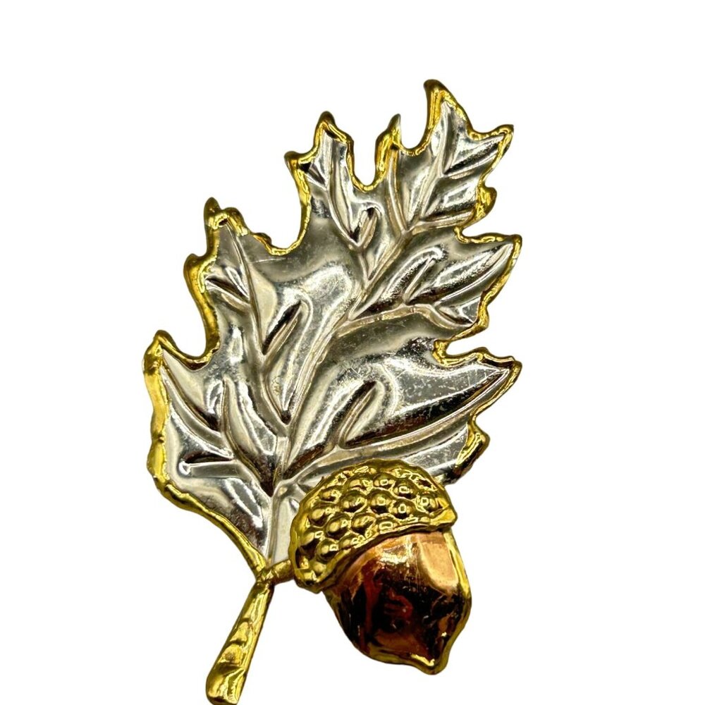 Oak Leaf Acorn Pin Brooch Brutalist Handcrafted Mixed Metals Oversized Signed SJ